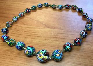 Vtg Venetian Murano Millefiori Art Glass 17 " Necklace Graduated Beads 6 - 19 Mm
