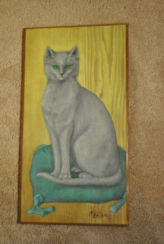 Vintage Gray Cat Painting On Board