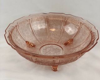 Vtg Jeannette Glass Cherry Blossom Pink Depression Glass 3 Footed Console Bowl