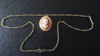 Vintage 24.  5 Inch Gold Tone Cameo Pendant Necklace 3.  3 X 2.  8 Cm
