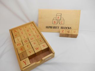 Old Vtg Alphabet Wood Blocks W/ Storage Case Abc 