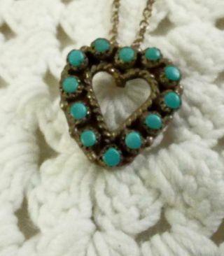 Vintage Zuni Sterling Silver Petitpoint Turquoise Cluster Heart Pendant Necklace