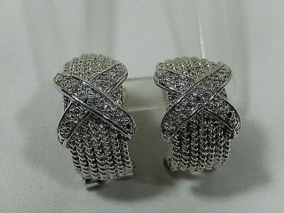 Vtg 925 Sterling Silver Cable W/ Diamond Accents Huggie 1/2 Hoop Clip Earrings