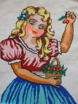 Vintage Completed Cotton Needlepoint Tapestry Young Girl With A Basket Of Cherry