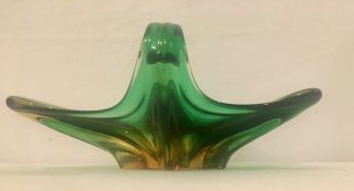 Vintage Mid Century Murano Art Glass Bowl Dish Green Amber Blown Stretch Glass