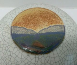 Vintage Signed Crackle Glaze Art Pottery Bowl/Jar with Lid Sky Hills Sea Scene 2