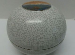 Vintage Signed Crackle Glaze Art Pottery Bowl/Jar with Lid Sky Hills Sea Scene 3