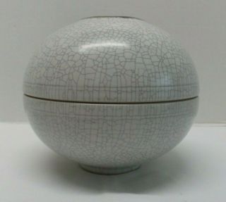 Vintage Signed Crackle Glaze Art Pottery Bowl/Jar with Lid Sky Hills Sea Scene 4
