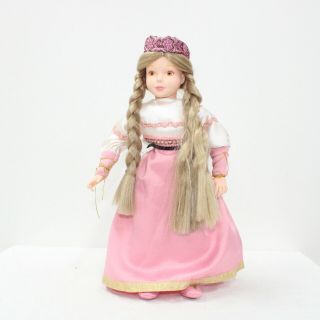 3x Vintage Porcelain Dolls on Display Pedestals Pink White Dress Brown Hair 409 4
