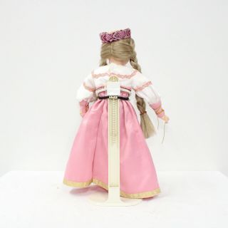3x Vintage Porcelain Dolls on Display Pedestals Pink White Dress Brown Hair 409 5