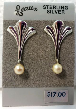Vintage Beau Beaucraft Sterling Silver Pierced Earrings W/ Dangle Pearl Nos