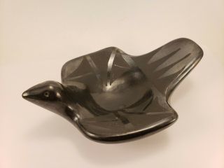 Vintage Santa Clara Pueblo Mexico Black Pottery Bird Effigy Bowl Blackware