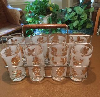 Mid Century Frosted Gold Leaf Glasses Carrying Rack Fall Foliage Set 8 Vintage