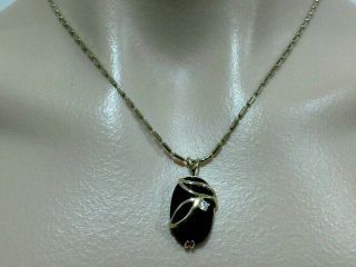 Vintage Gold Tone Necklace With Black Glass Onyx & Diamante Pendant J012