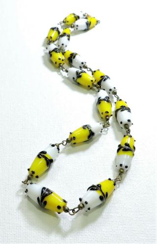 Vintage Yellow White Black Feathered Lampwork Art Glass Bead Necklace Jl1995