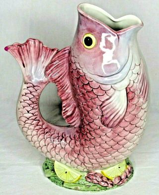 Vintage Fitz And Floyd Inc Hand Painted Pink Black Eyed Fish Vase Pitcher 1986