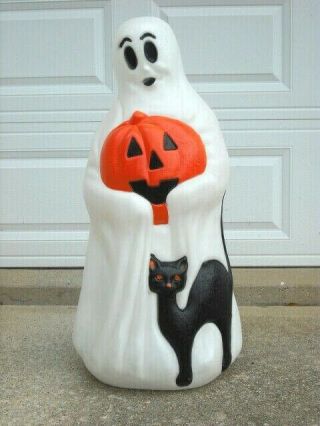 Vintage Halloween Ghost Holding A Pumpkin,  Black Cat Lighted Blow Mold 34 "