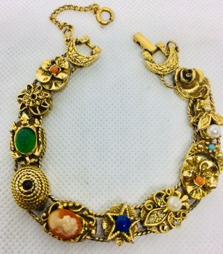 Signed Goldette Victorian Revival Slide Bracelet Cameo Scarab Vintage Jewelry