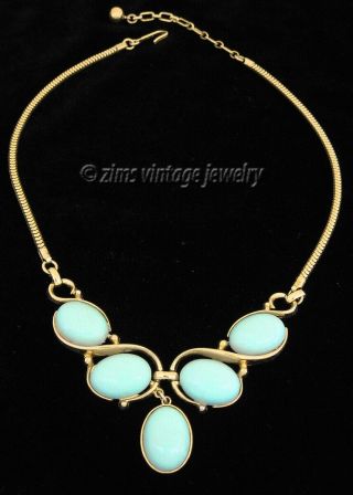Vintage Modernist Trifari Signed Gold Lucite Turquoise Blue Cabochon Necklace
