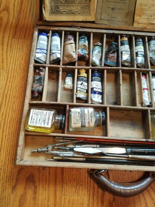VTG Artists Box Case W/ Supplies Paint Pallet Brushes Protractor - Grumbacher 4