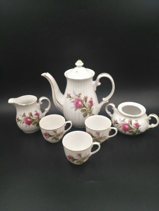 Vintage Moss Rose 7pc China Tea Set - Teapot,  Creamer,  Sugar Bowl & 3 Cups
