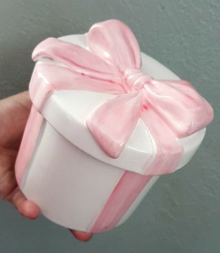 Vintage Collectible White Ceramic And Pink Bow Planter From Teleflora Made In.