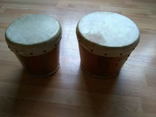 Vintage Zim Gar Bongos Wood Hand Drums Percussion Musical Instrument