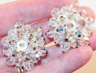 Vintage Large Silvertone Cluster Aurora Borealis Crystal Beads Clip Earrings