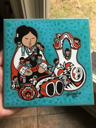 Vintage Cleo Teissedre Hand Painted Southwestern Ceramic 6 " X 6 " Tile Kiln Fired