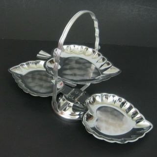 Vtg 3 Tier Appetizer Serving Tray Dish Folding Chrome Metal Heart Leaf Shape Tea