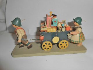 Vintage German Erzgebirge Children With Wagon Hand Carved& Painted