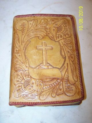 Vtg.  Tooled Leather Holy Bible Jesus Cross Floral Book Dust Cover Jacket Protect