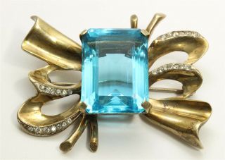 Vintage Art Deco Sterling Silver Cut Blue Topaz Glass Rhinestone Brooch Pin 25g