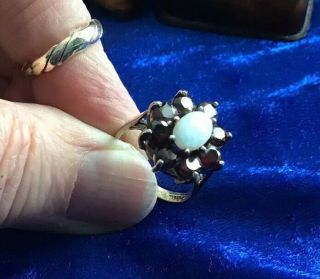 Vintage Solid Silver Opal & Garnet Gemstone Set Cluster Ring