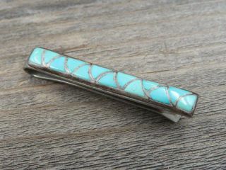 Vintage Old Pawn Navajo Sterling Silver Turquoise Inlay Tie Bar