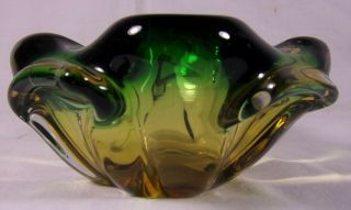 Vintage Mid Century Amber Green Murano Hand Blown Glass Bowl - Ashtray Gorgeous