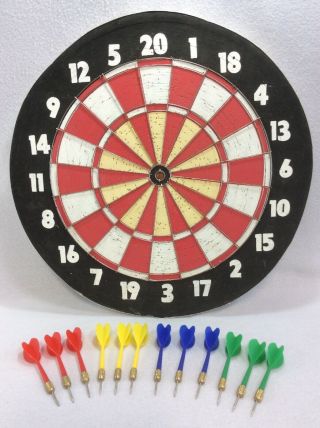 Vintage Dart Board 18in 2 Sided Baseball Back With Darts.