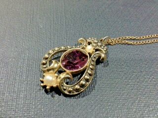 Vintage Avon Fleur De Lis Pendant Necklace Gold Tone Faux Pearl Amethyst J032
