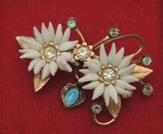 Vtg Religious Miraculous Medal Virgin Mary White Flower Gold Brooch Pin 10a 11