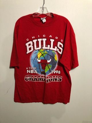 Vintage Chicago Bulls 1998 Nba Champions Red Graphic T - Shirt W/glitter Font Xl