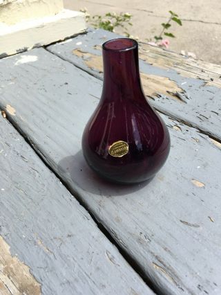 Vintage Cambridge Hand - Blown Amethyst Glass 4” Bud Vase With Label