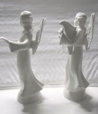 2 Vintage Dresden Germany Porcelain Angel Figurine 6.  75 " Tall Playing Harp Bell