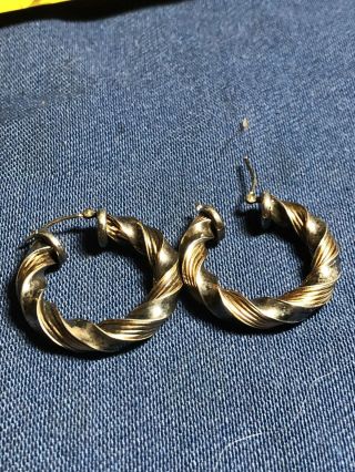 Vintage Sterling Silver 14k Gold Post And Rope 1 3/8 Diameter Hoop Earrings