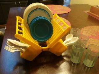 Vtg Fisher Price Fun With Food 80s Plates Dish Flower Pattern W/ Drying Rack,