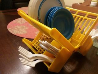 Vtg FISHER PRICE FUN WITH FOOD 80s PLATES DISH FLOWER PATTERN w/ Drying Rack, 2