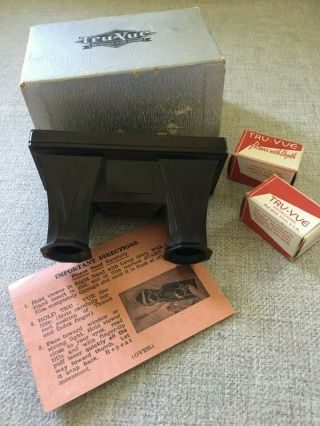 Vintage Tru - Vue Viewer With 2 Stereoscopic Film Strip Reels Box 1940 