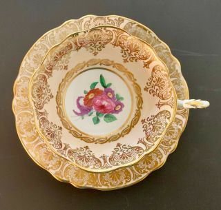 Vintage Paragon Porcelain Tea Cup & Saucer - Pale Peach & Gold Design & Peonies