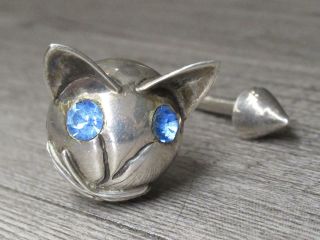 Vintage Sterling Silver Jewelry Kitty Cat Blue Sparkle Stone Screw Pin Clip Vgv