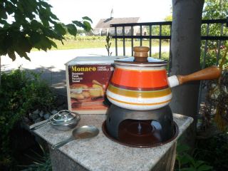 Vintage Fondue Set Orange Stripe Monaco 3588 Stoneware W/ Box Koln Germany Mcm