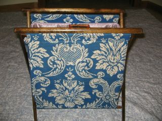 Vintage Knitting Sewing Folding Fabric Wood Frame Tote Storage Stand Caddy Blue